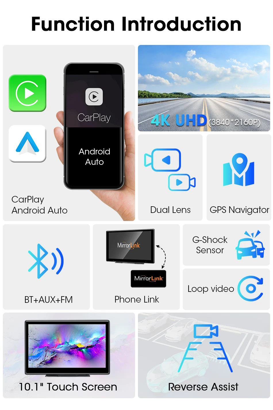 10 Inch DVR 4K Dashcam Wireless Carplay Android Auto Dual Lens Camera