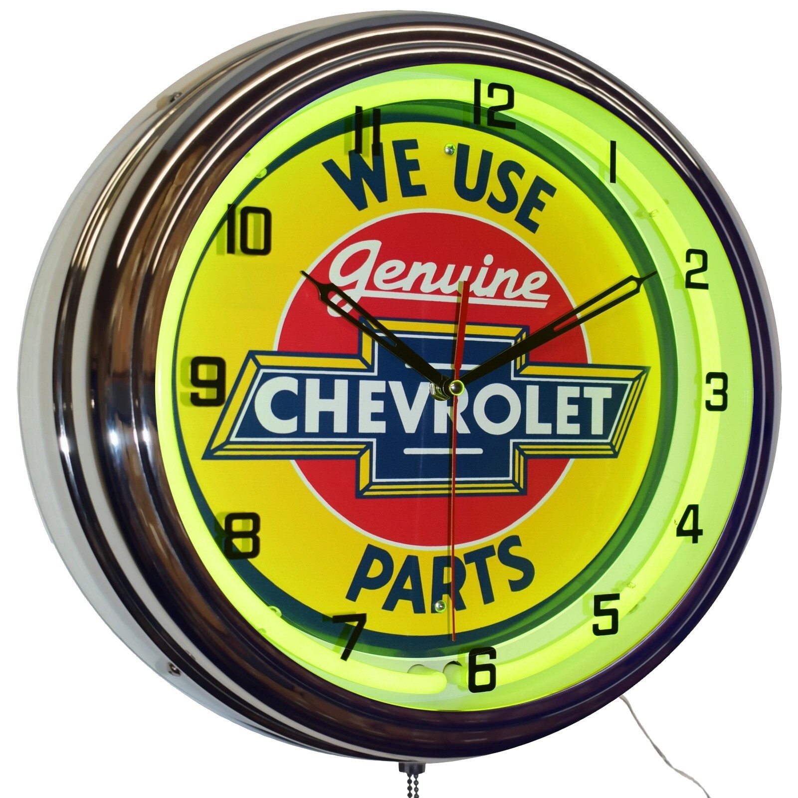 16″ We Use Genuine Chevrolet Parts Sign Neon Clock Garage Decor (Yellow)