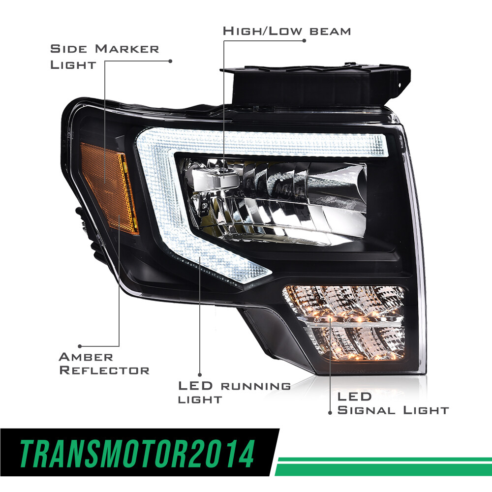 Fit For 2009-2014 Ford F150 F-150 Truck LED DRL Projector Headlights Left+Right