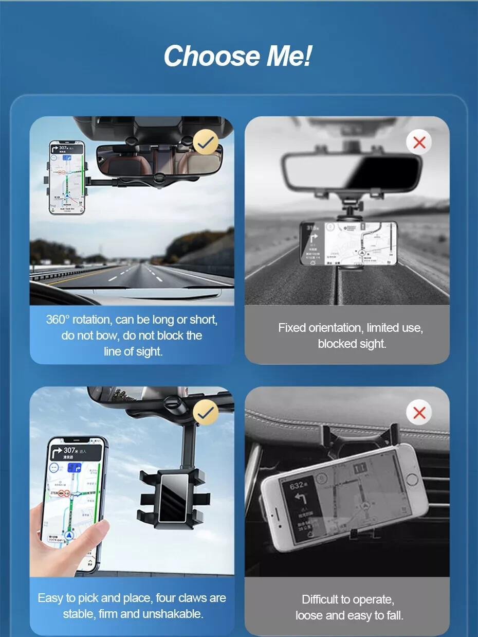 360° Car Rear View Mirror Mount Holder Stand for Apple iPhone Android Phone