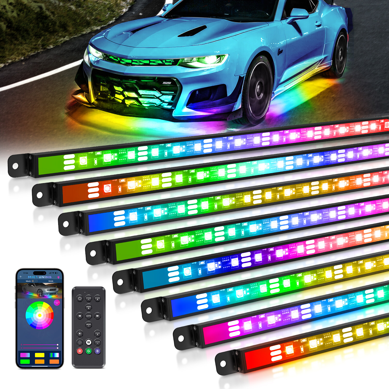 8Pcs Bluetooth RGB+IC Underglow Lights Bar, Dream Color Chasing Car Light Tubes