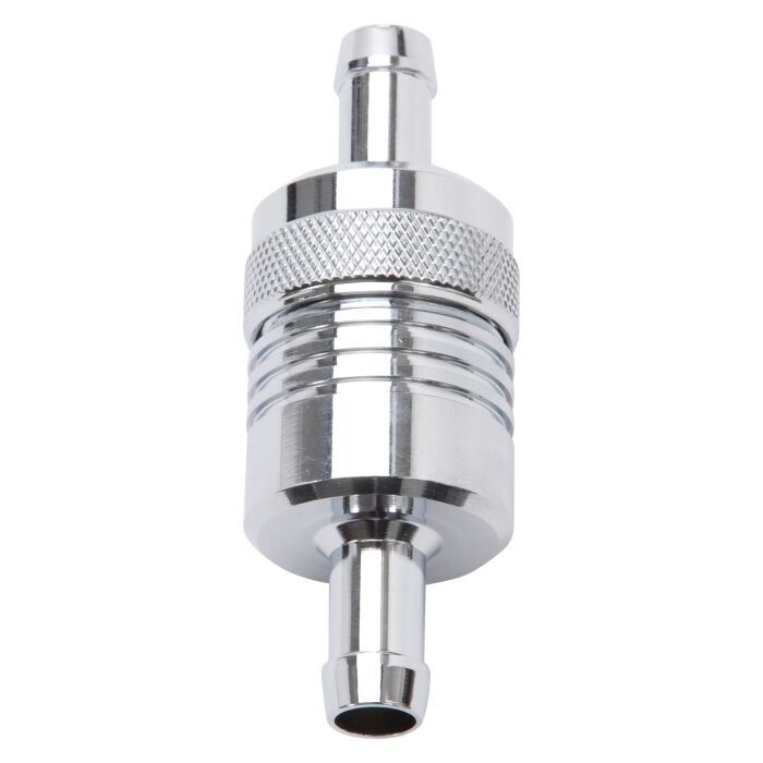 Edelbrock 8136 Aluminum Street Fuel Filter 3″ x 3/4″ 3/8″ Inlet/Outlet Chrome