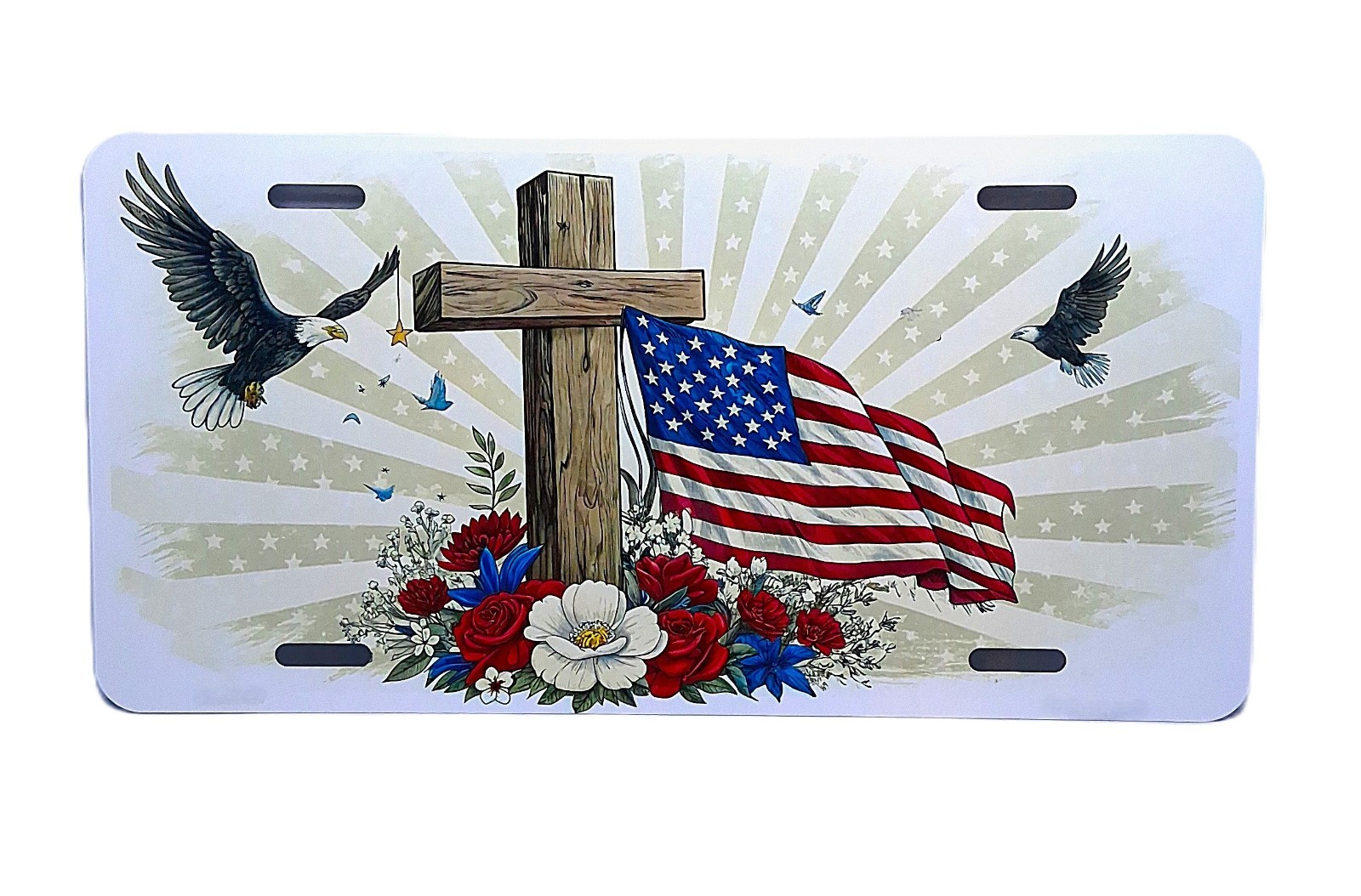 AMERICAN FLAG HOLY CROSS CHRISTIAN RELIGIOUS METAL NOVELTY CAR LICENSE PLATE TAG