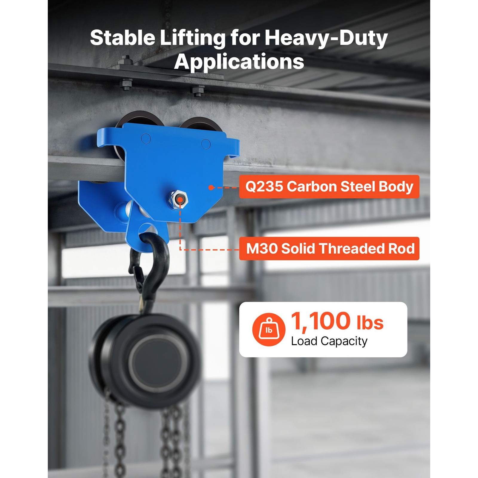 1100lb Manual Trolley Beam Cart for I-Beam 2.1in-5.5in Carbon Steel