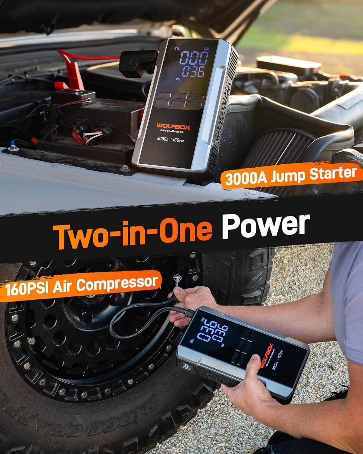 WOLFBOX Jump Starter with Air Compressor, 3000A Portable Car Battery Booster