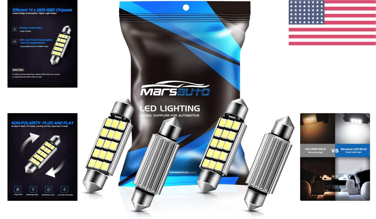 Efficient 578 LED Bulbs – 4 Pack, 400LM, No Polarity, Long-Lasting 50,000 Hours