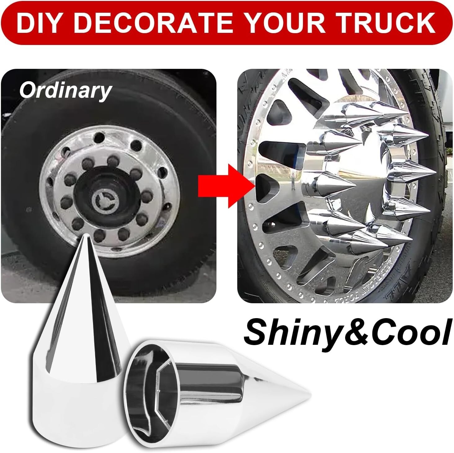 33mm x 4 1/4″ Chromed Spike Lug Nuts Covers Push on,ABS Chrome Plastic Caps 60