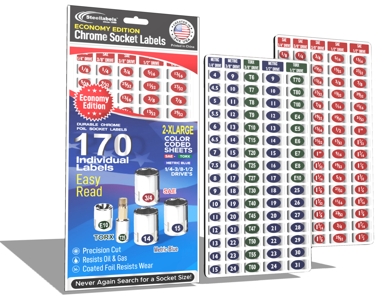 Economy Master Set 170 Chrome Foil Socket Labels – Metric – SAE Torx – 2 Sheets