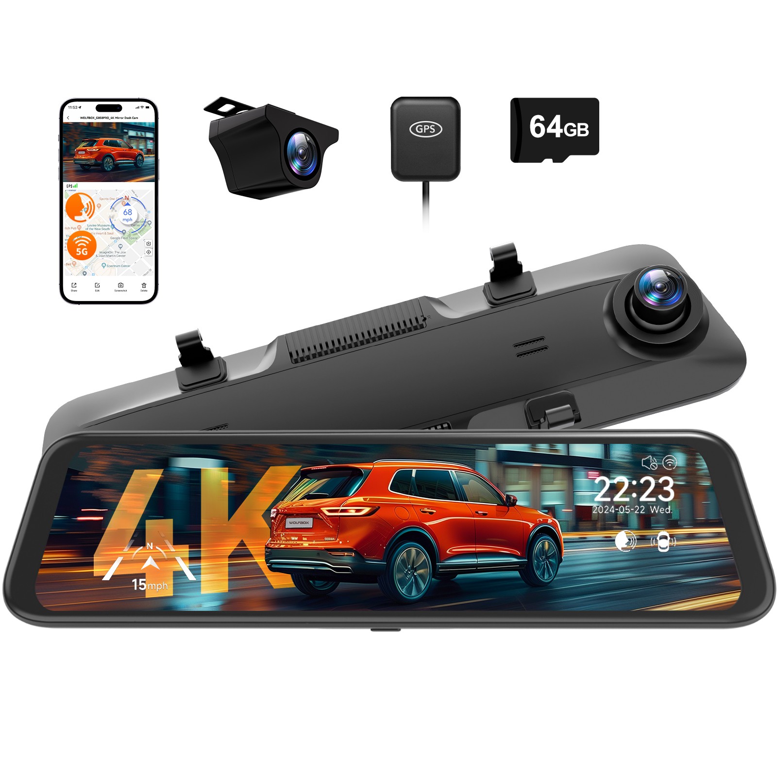 WOLFBOX G850 PRO 12″ Mirror Dash Cam 4K With ADAS, 5.8GHz WiFi, Voice Control