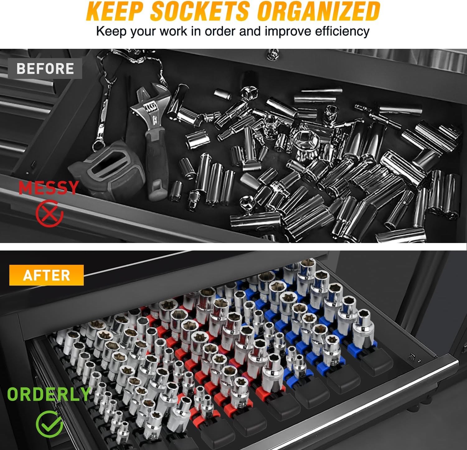 Socket Organizer ABS Socket Holder Set 1/4″ 3/8″ 1/2″ Drive Socket Rail Holders