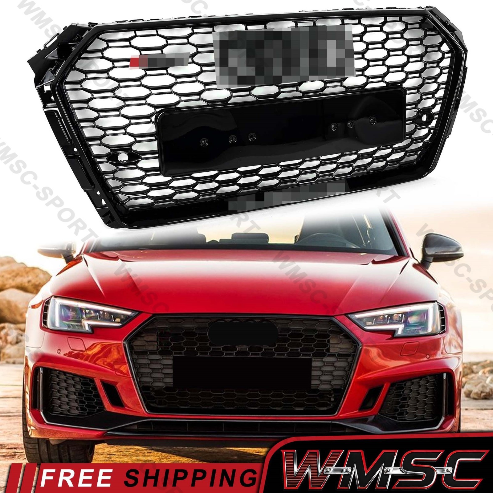Glossy Black Honeycomb Front Bumper Grille for Audi A4 S4 B9 2017-2019 RS4 Style