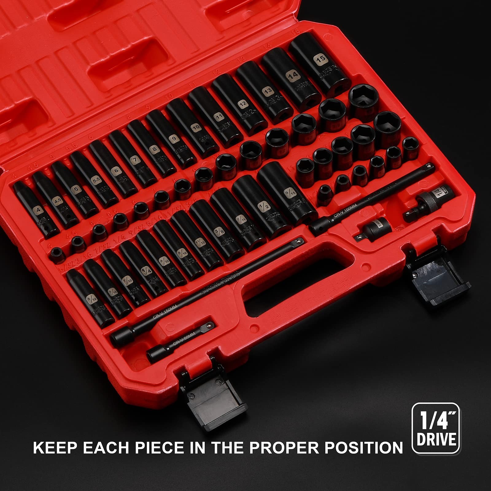 55PCS 1/4″ Drive Impact Socket Set – Deep & Shallow, CR-V, SAE/Metric, 6 Point