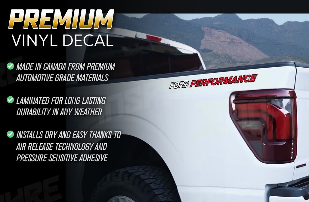 FORD PERFORMANCE Custom Decals / Stickers Truck Box / Bed • White-Black-Red