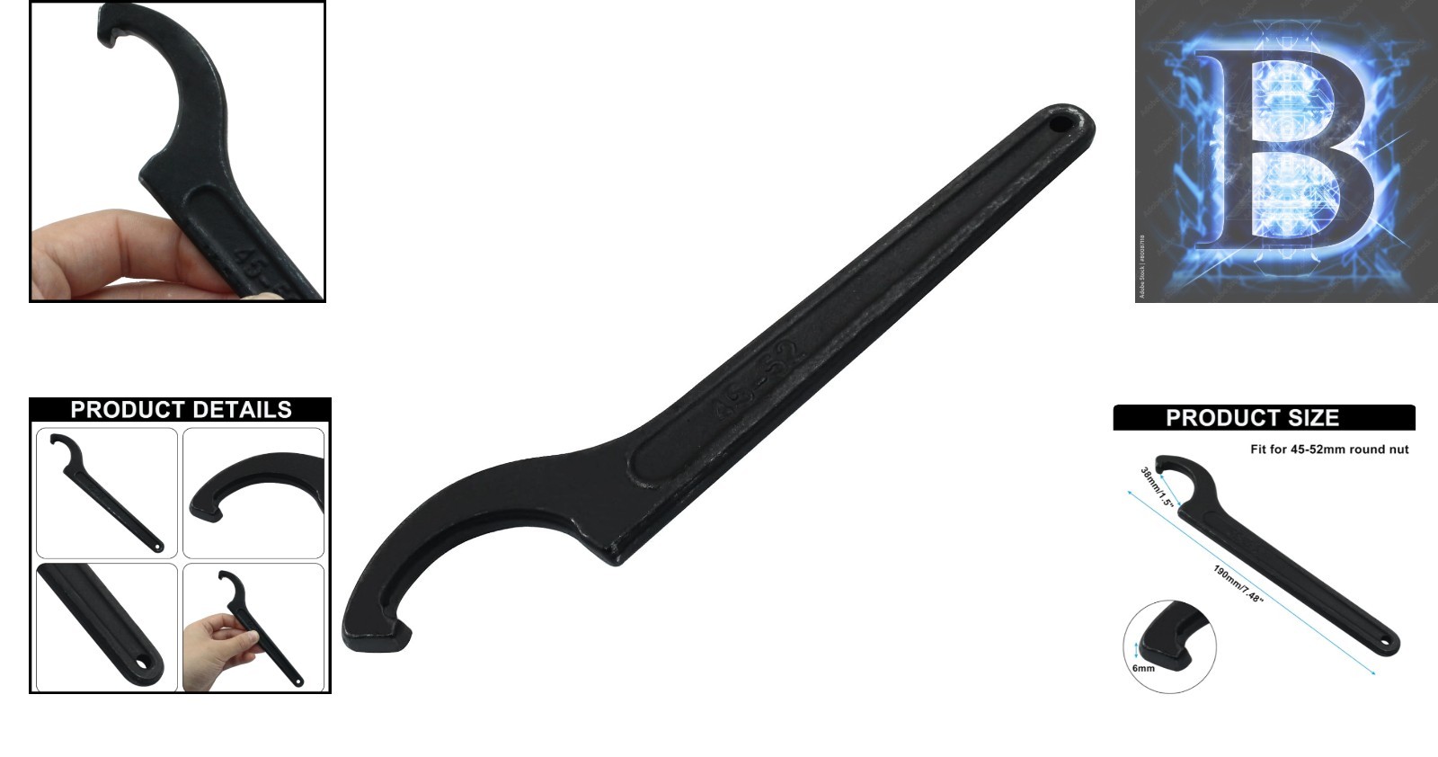 45-52mm C-Hook Spanner Wrench in Black Carbon Steel – Ergonomic Design