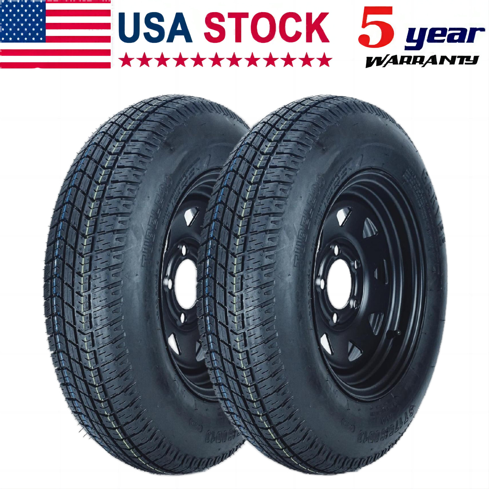 2 Pack ST175/80D13 Trailer Tires with 13″ Rims 175/80 D 13 5 Lug on 4.5 Black