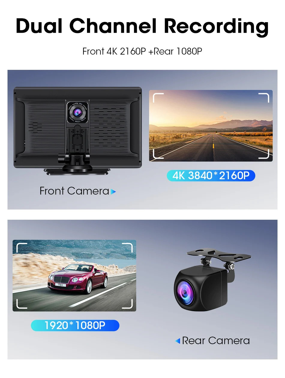 10 Inch DVR 4K Dashcam Wireless Carplay Android Auto Dual Lens Camera