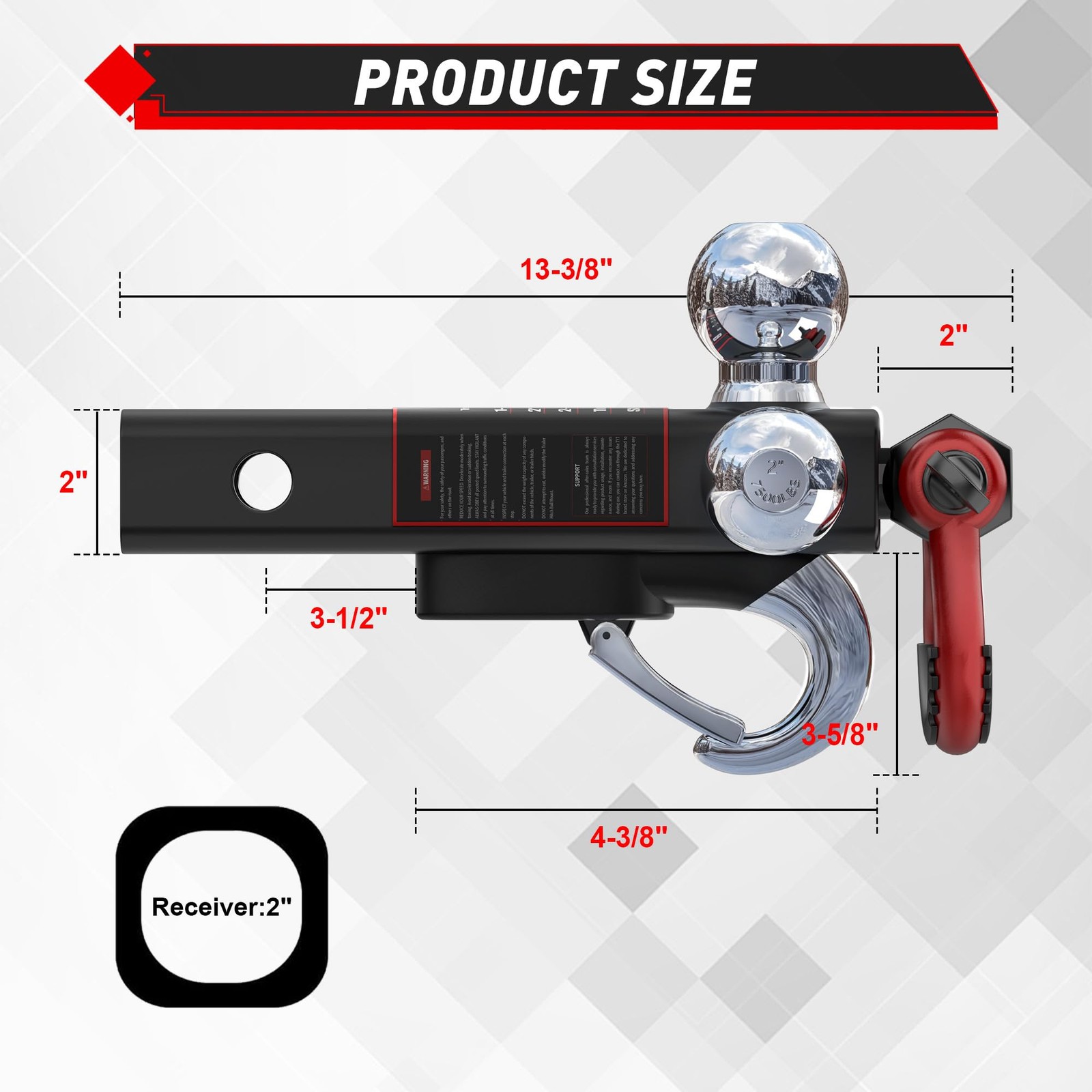 Tri Ball Hitch Trailer Mount w/ Lock, Tow Hook & Clevis Shackle Fits 2″ Receiver