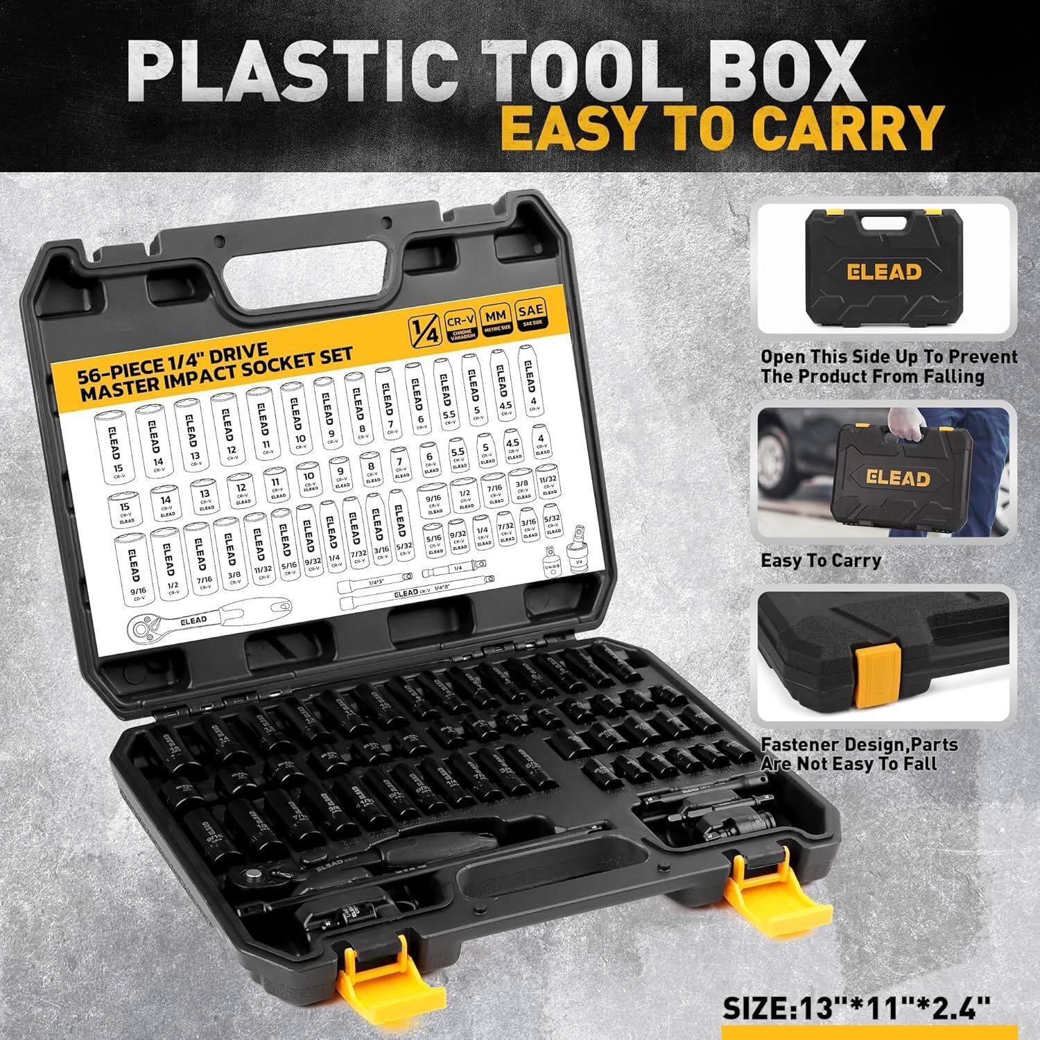 1/4″ Drive Impact Socket Set 56-Piece Standard SAE and Metric Size 6 Point Cr-V