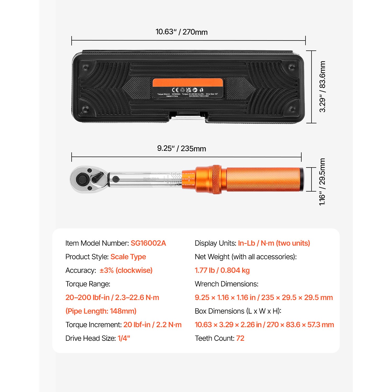 Click Torque Wrench Set 1/4 Inch Drive 20-200lbf-in /2.3-22.6N.m 72-Tooth Orange