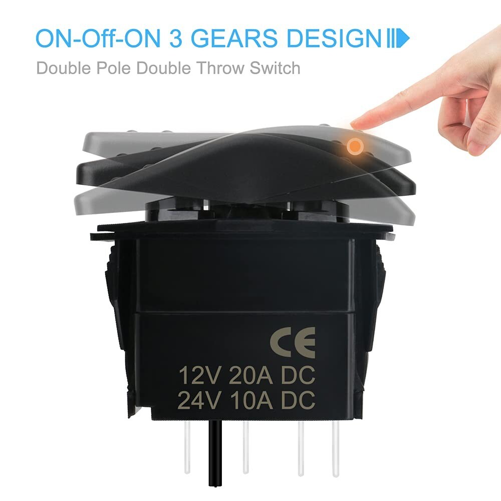 Waterproof Rocker Switch Toggle On-Off-On 12V/20A 24V/10A 7Pin DPDT Blue LED