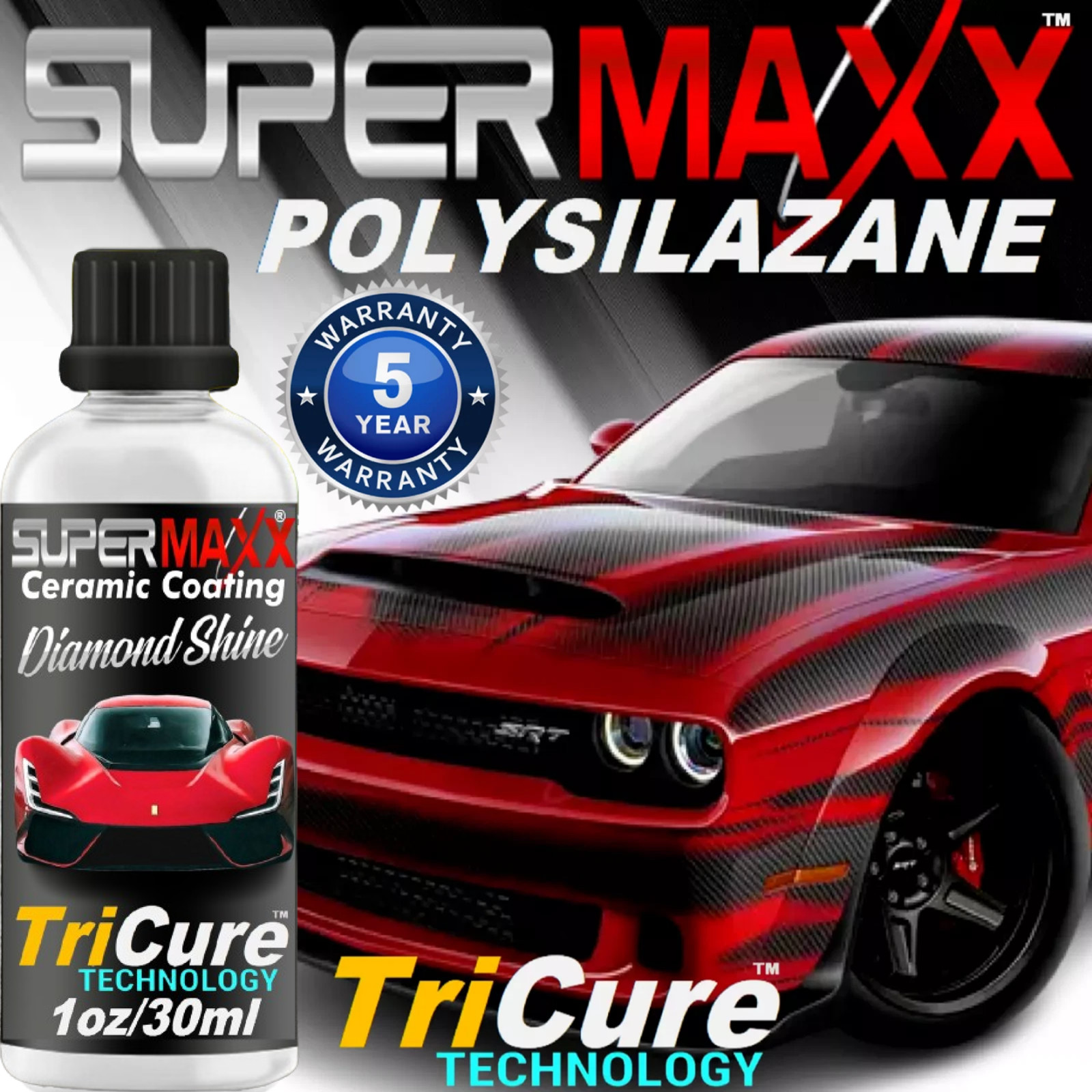 CERAMIC CAR COATING “5 YEAR” SCRATCH RESISTANT “TRICURE” PROTECTION -“1 OZ/30ML