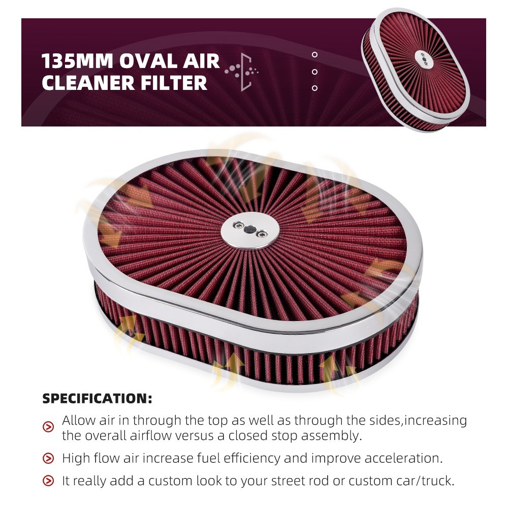 Air Cleaner Set 12″ Oval For 4-Barrel Carburetor 5-1/8″ Neck Washable Muscle