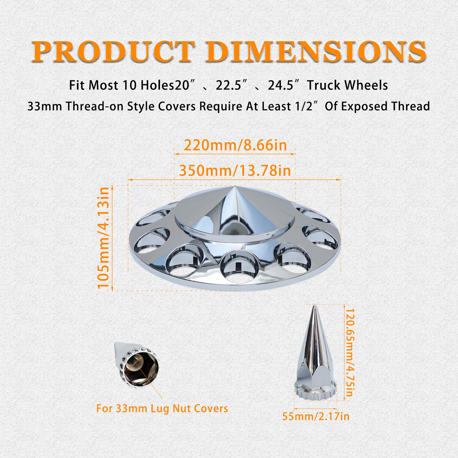 Chrome Front Axle Covers Thread-on 33mm Lug Nut Hub Caps for Semi Trucks Spiked