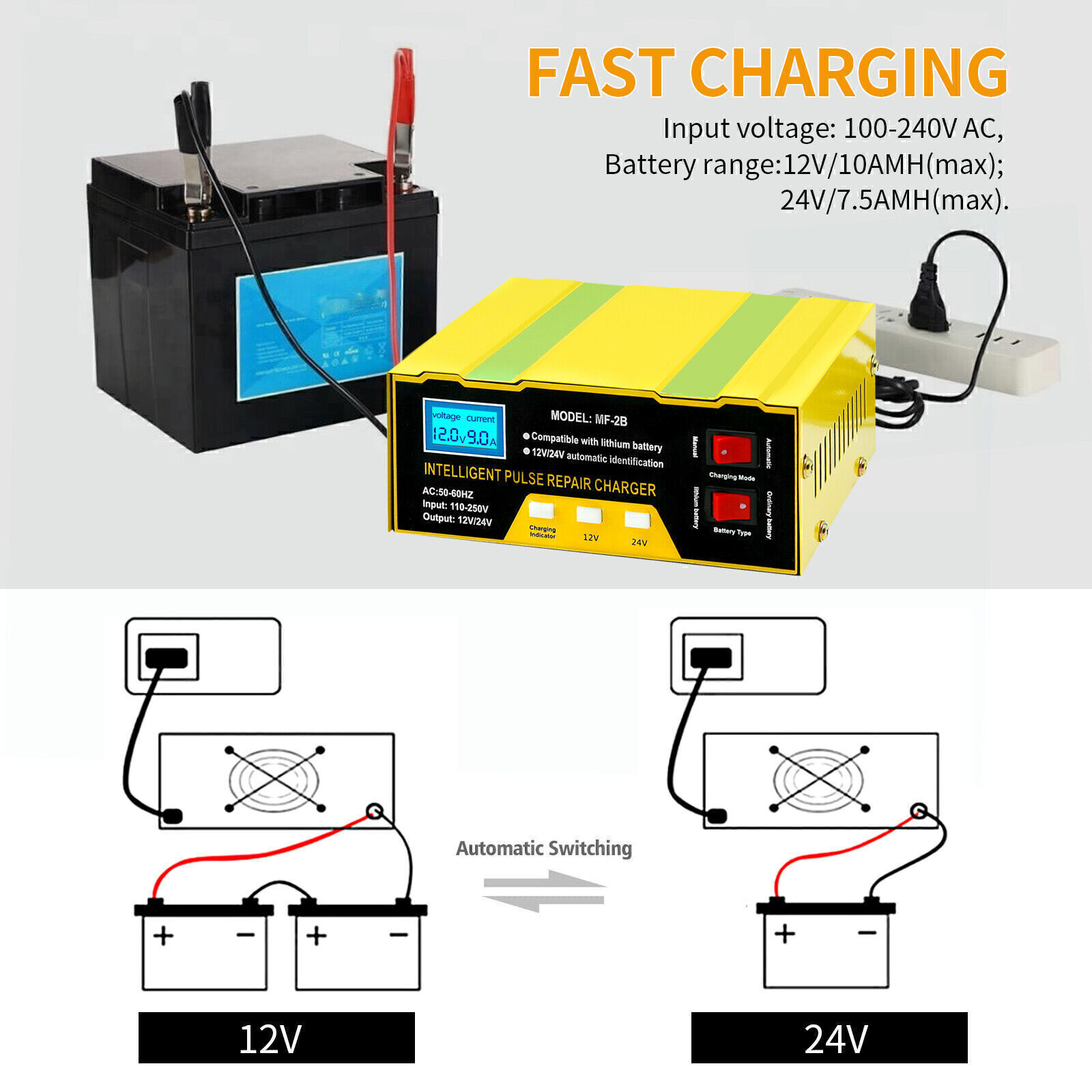 Car Battery Charger Heavy Duty 12V/ 24V Automatic Intelligent Pulse Repair