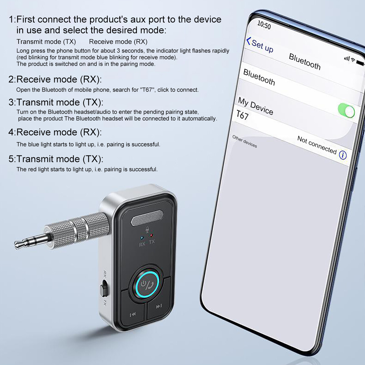 Wireless Bluetooth 5.3 Transmitter Receiver 2-in-1 Adapter Audio 3.5mm Jack Aux