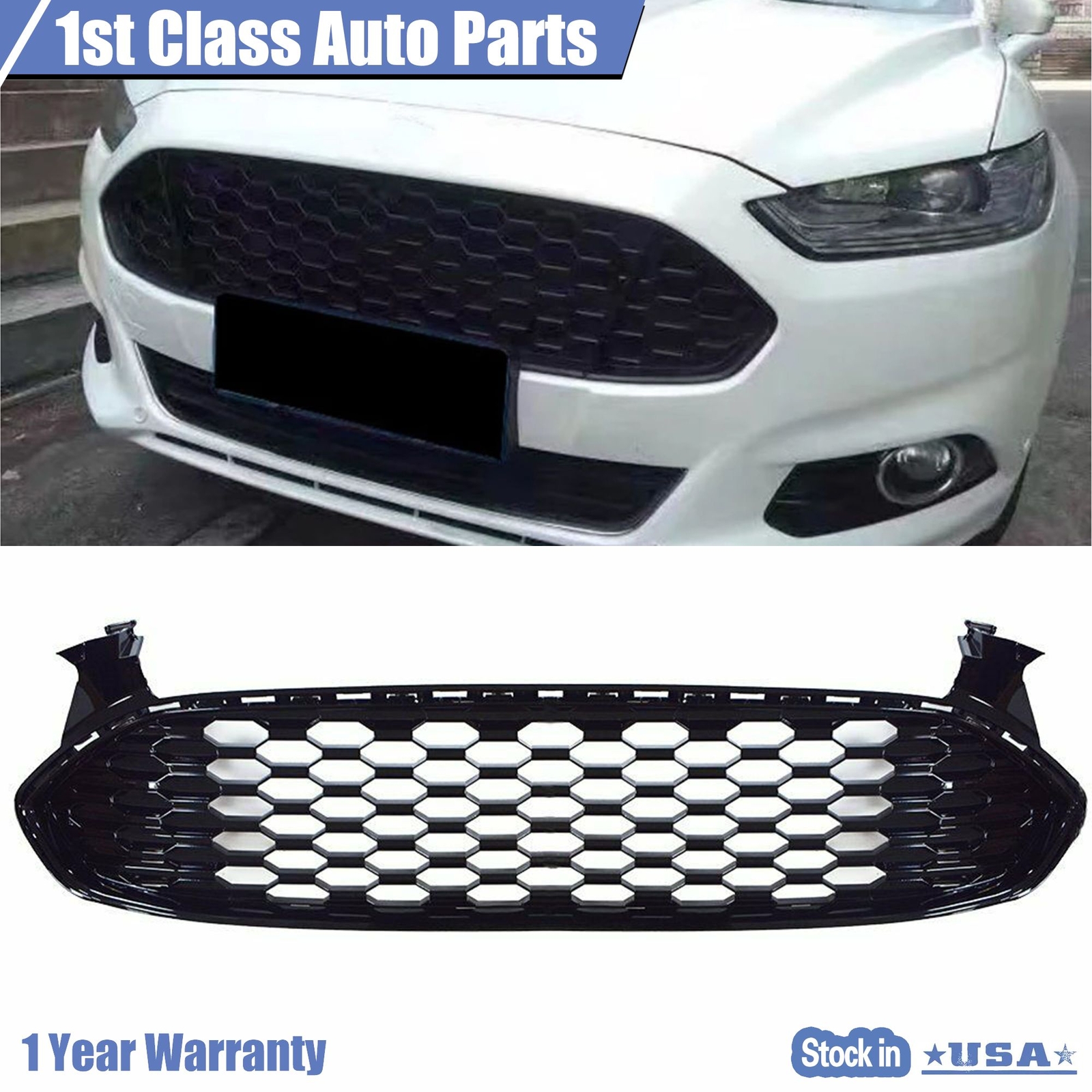 Front Grille Honeycomb Style Glossy Black For 2013 2014 2015 2016 Ford Fusion