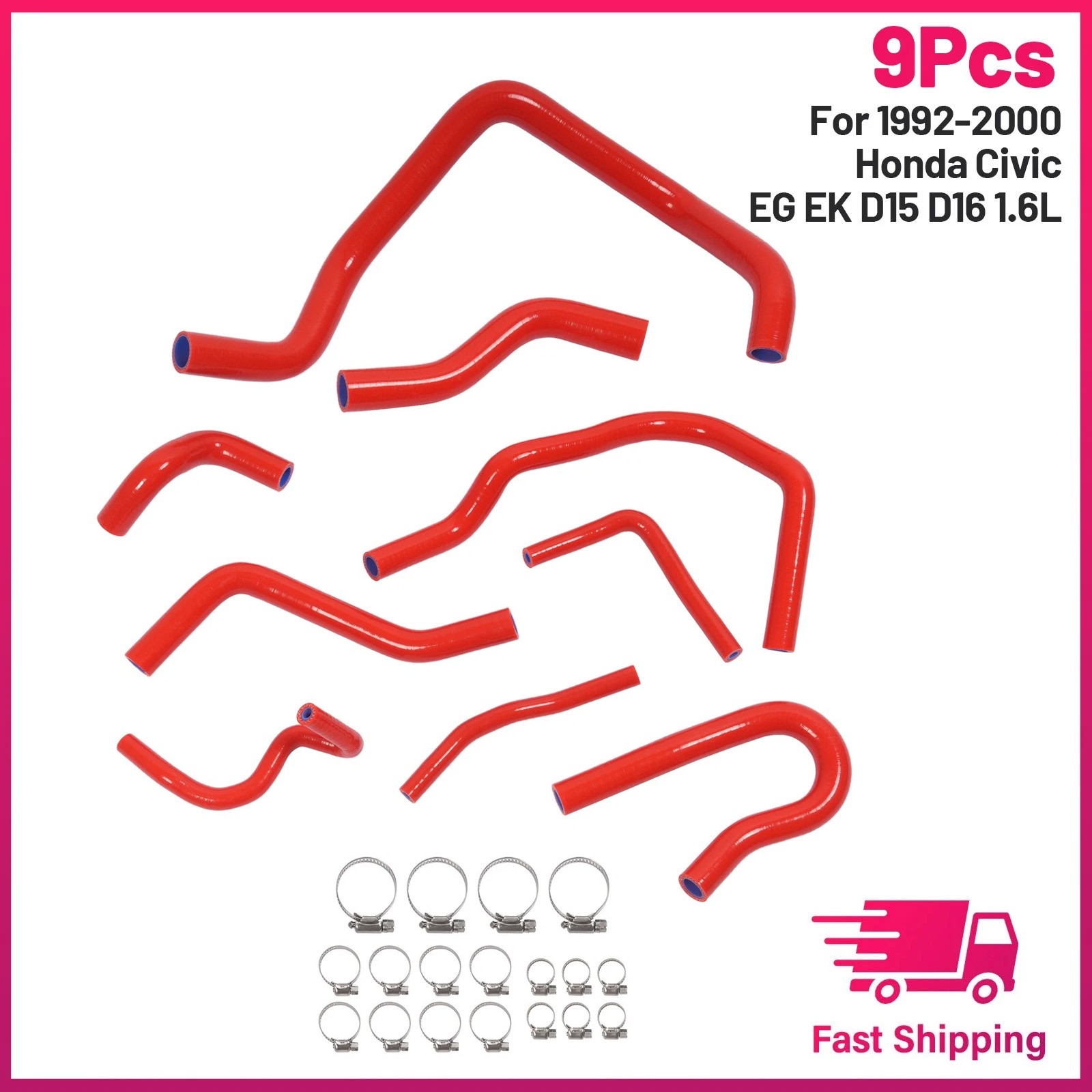 Red Silicone Radiator Heater Hose Kit For Honda Civic D15 D16 EG EK 1992-2000