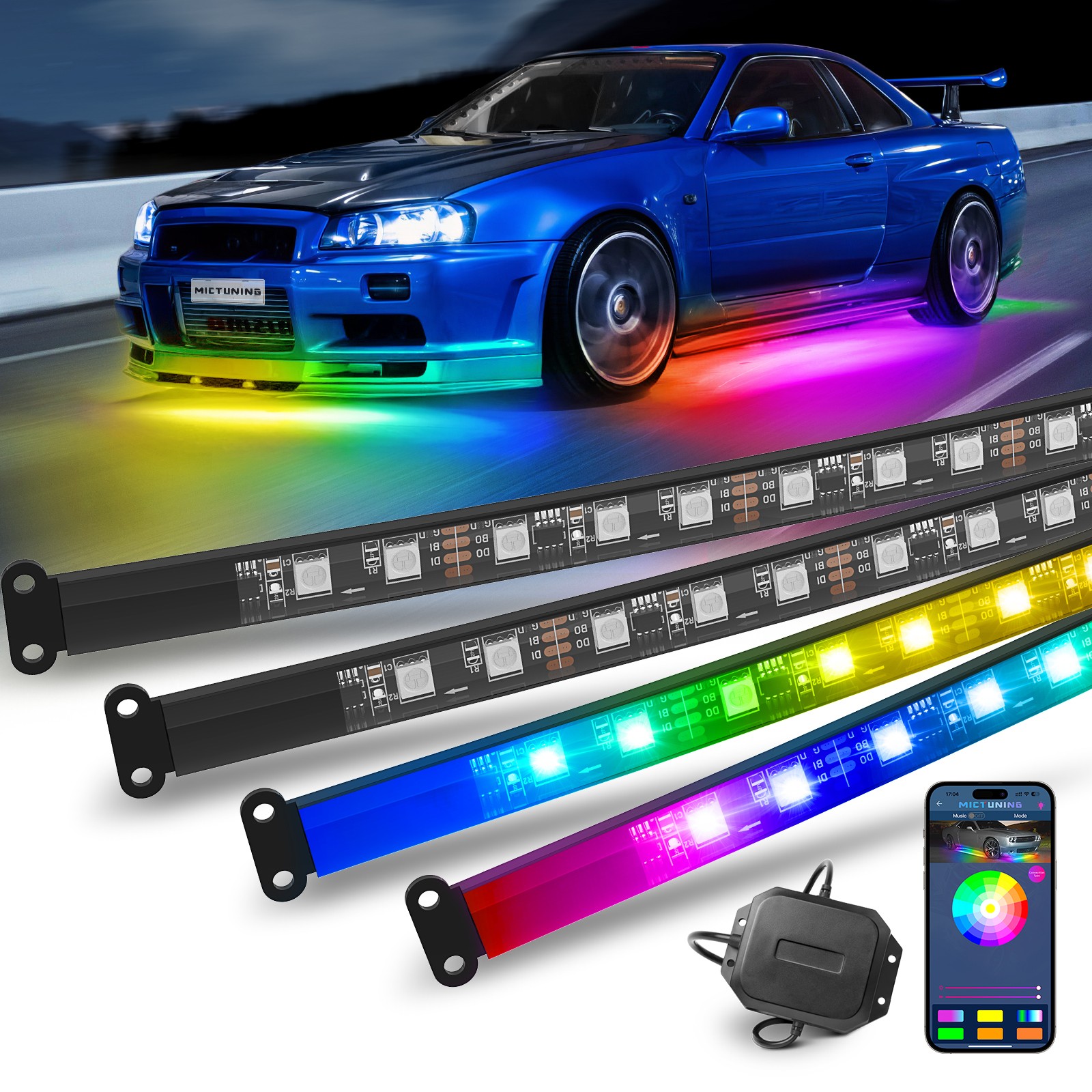 MICTUNING RGB+IC Underglow LED Neon Kit Dream Color Light Strips For Cars/Trucks