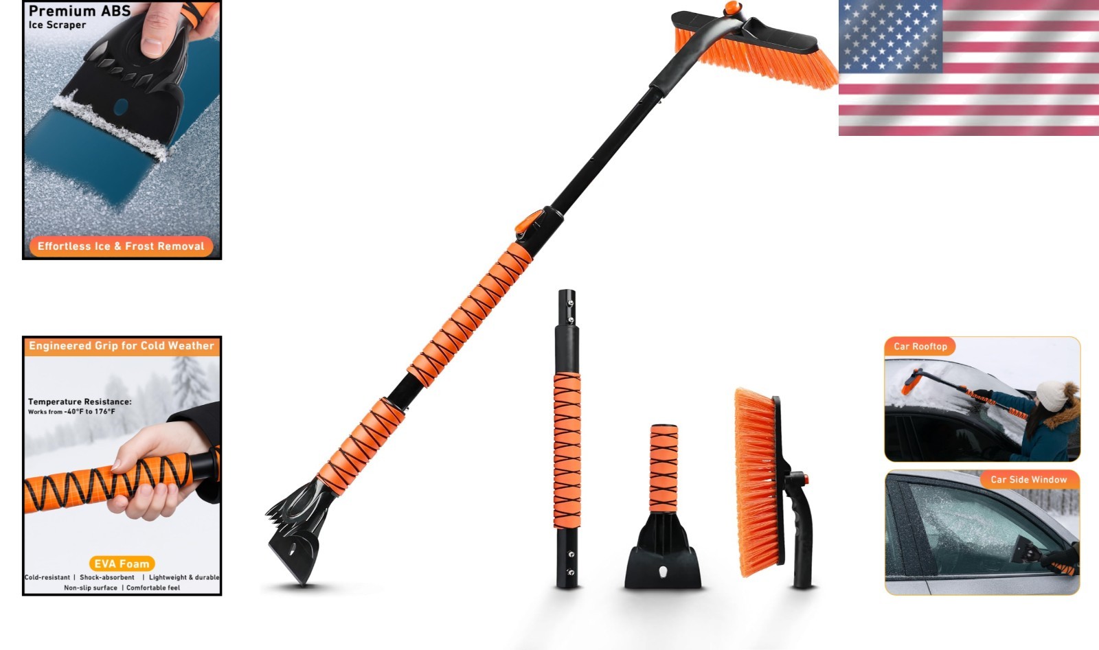 Ergonomic 44.7″ Snow Brush for SUV – Paint-Safe Ice Scraper with Pivoting Head