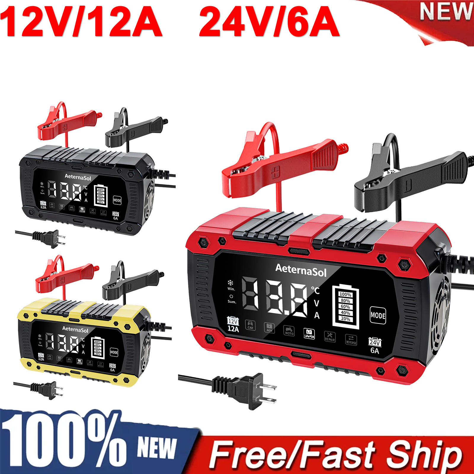 12V/24V Car Smart Battery Charger Intelligent Pulse Repair LiFePO4 Lead‑Acid AGM