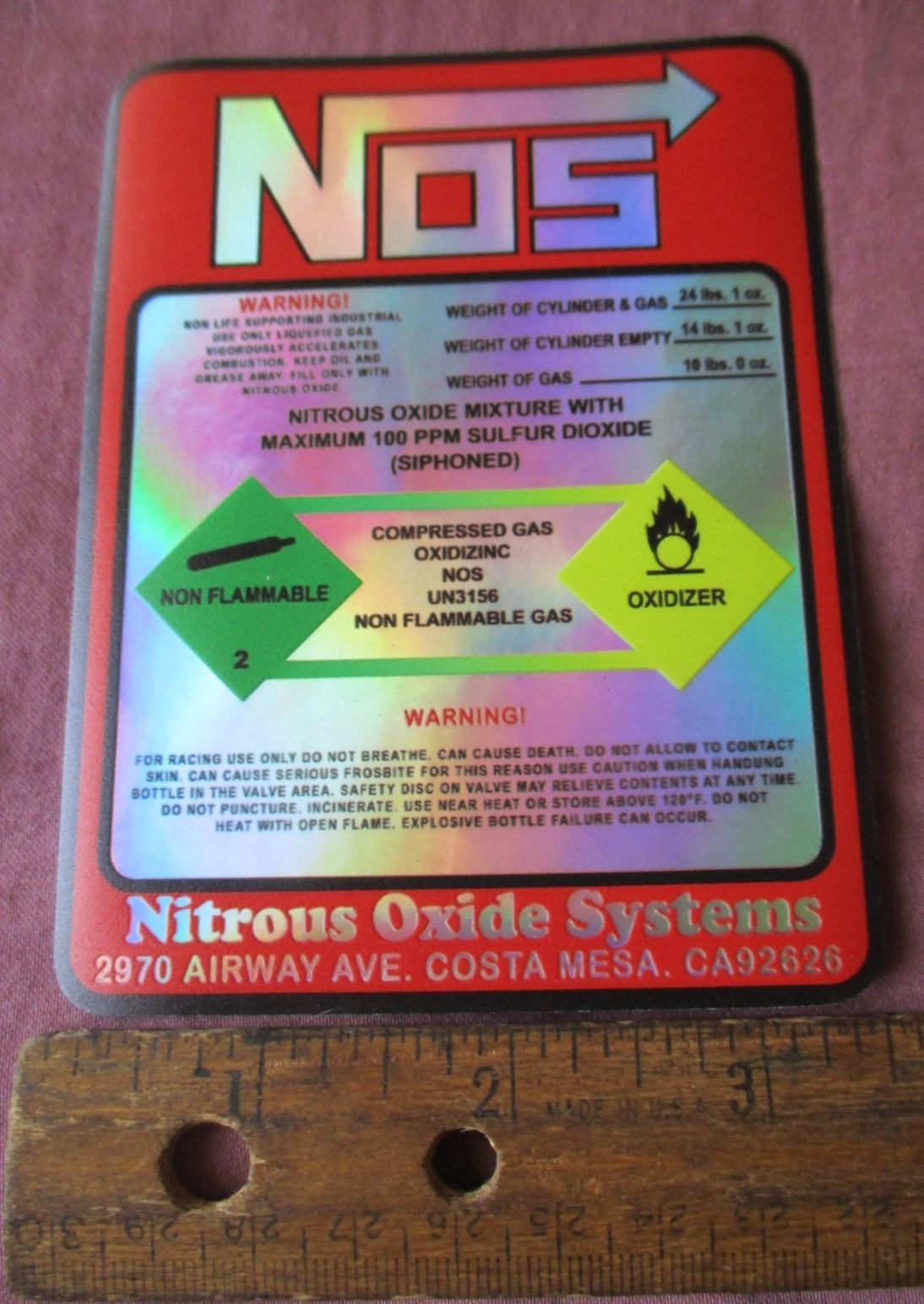 NOS Nitrous Oxide Racing HOLOGRAPHIC Label Decal Sticker FREE SHIPPING