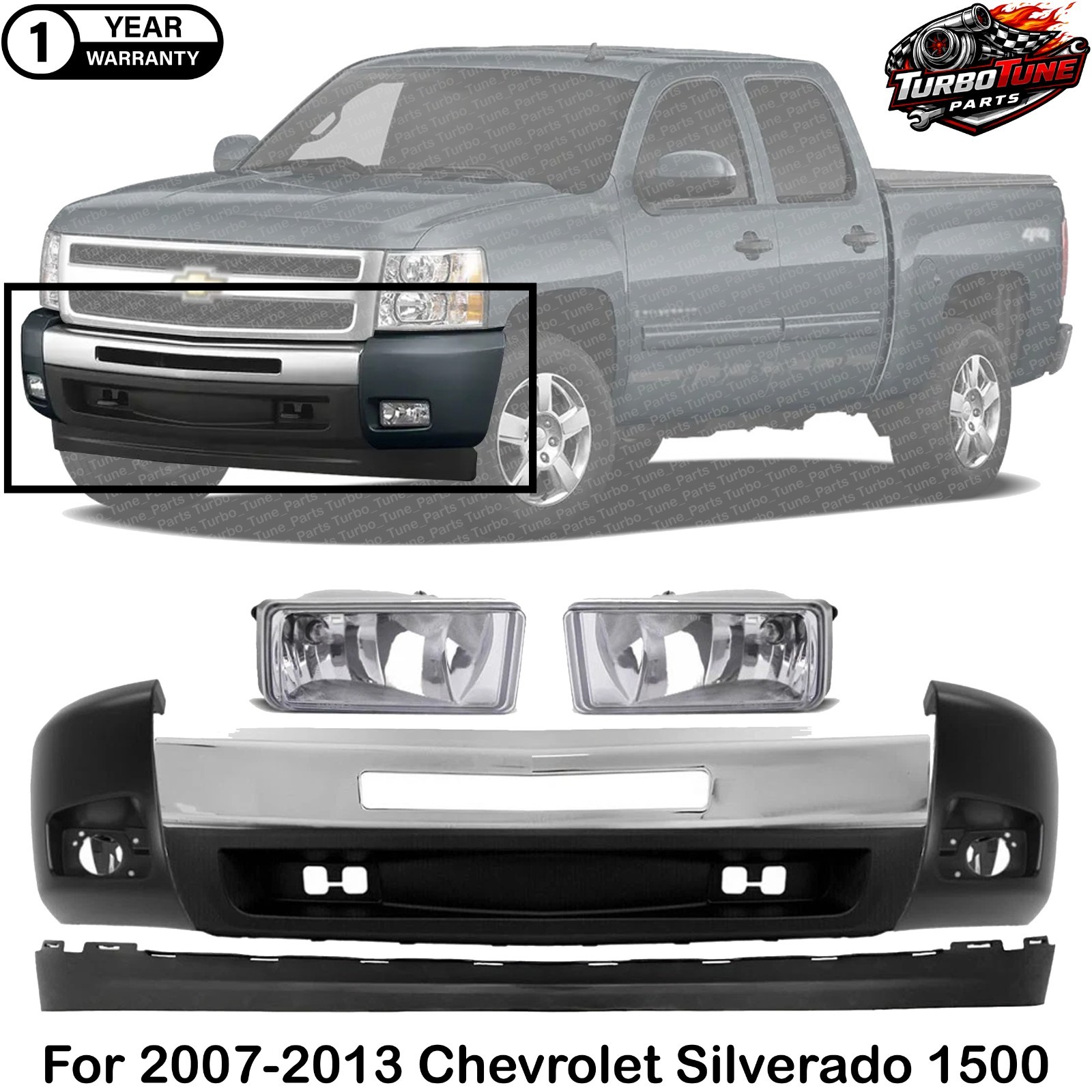 Front Bumper Chrome Kit With Lights Pair For 2007-2013 Chevrolet Silverado 1500