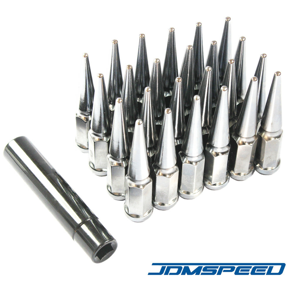 24 PCS Chrome Spike Lug Nuts 14×1.5 For Chevy Silverado Tahoe 4.4″ Tall w/ Key