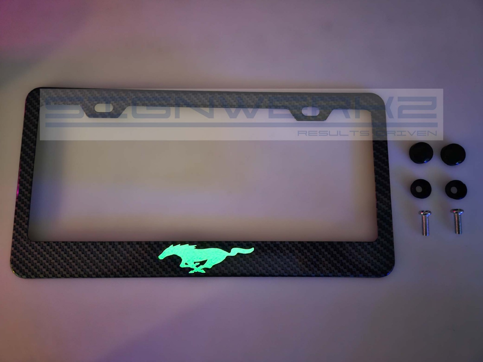 Glowing Mustang Carbon Fiber Printed Stainless Steel license Plate Frame