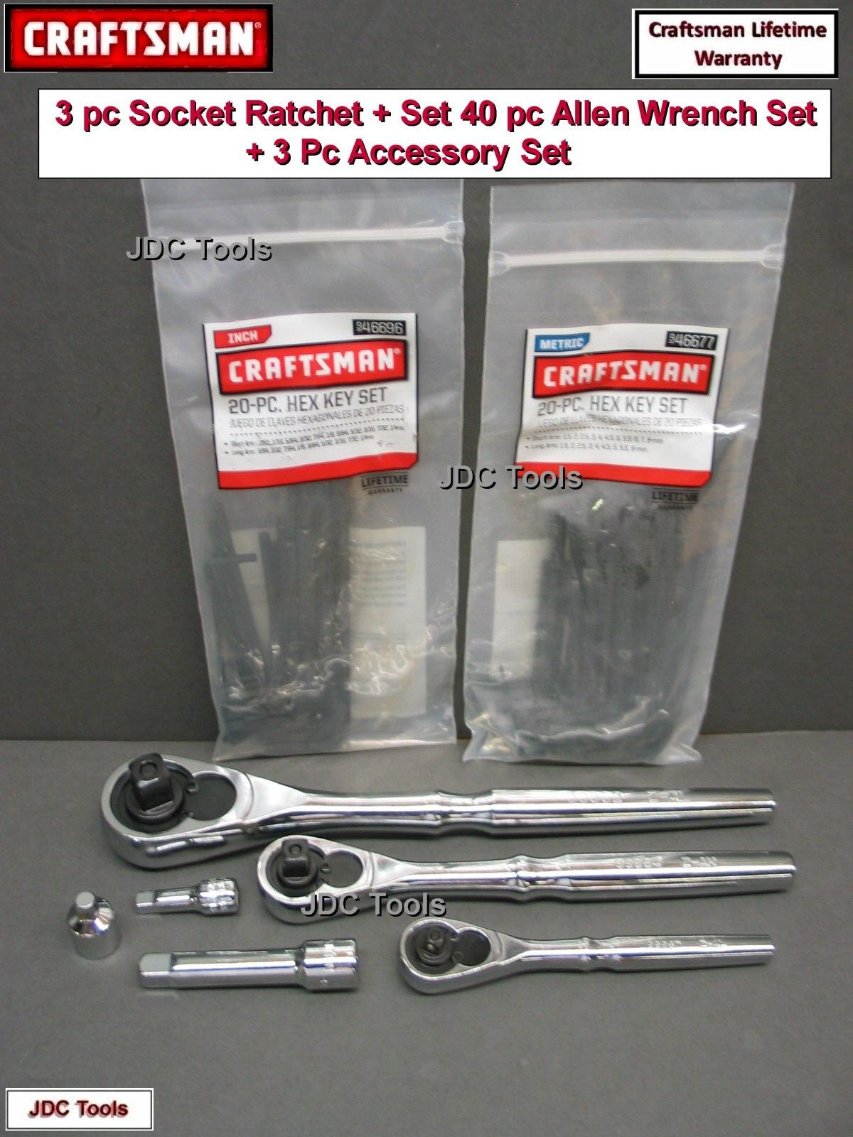 CRAFTSMAN HAND TOOLS 3pc 1/4 3/8 1/2 FULL POLISH Ratchet socket wrench set