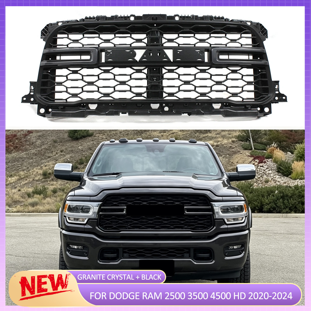 For Ram 2500 3500 2020-2024 Front Bumper Grille Assembly Granite Crystal & Black