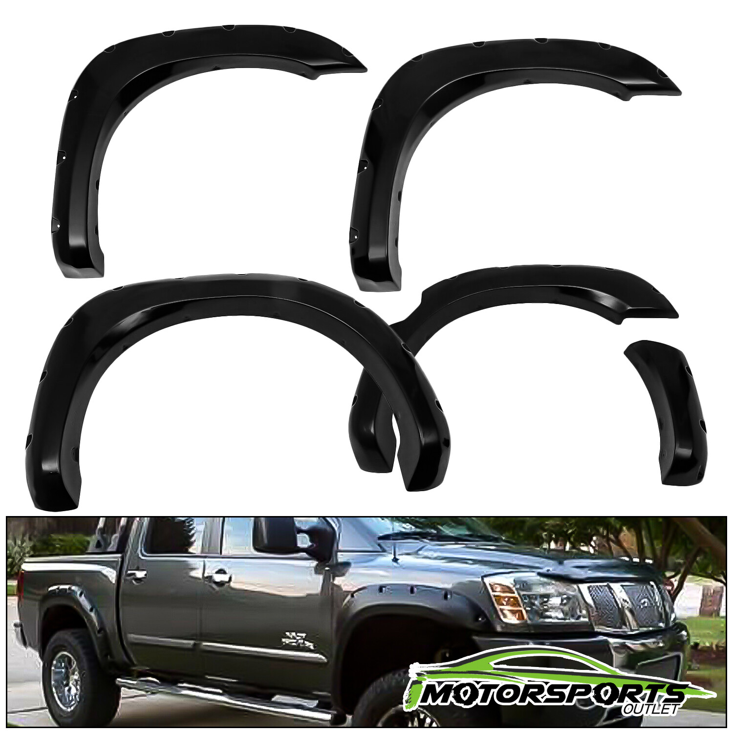 For 2004-2014 Nissan Titan w/Bedside Lockbox Black Front+Rear Fender Flares Set
