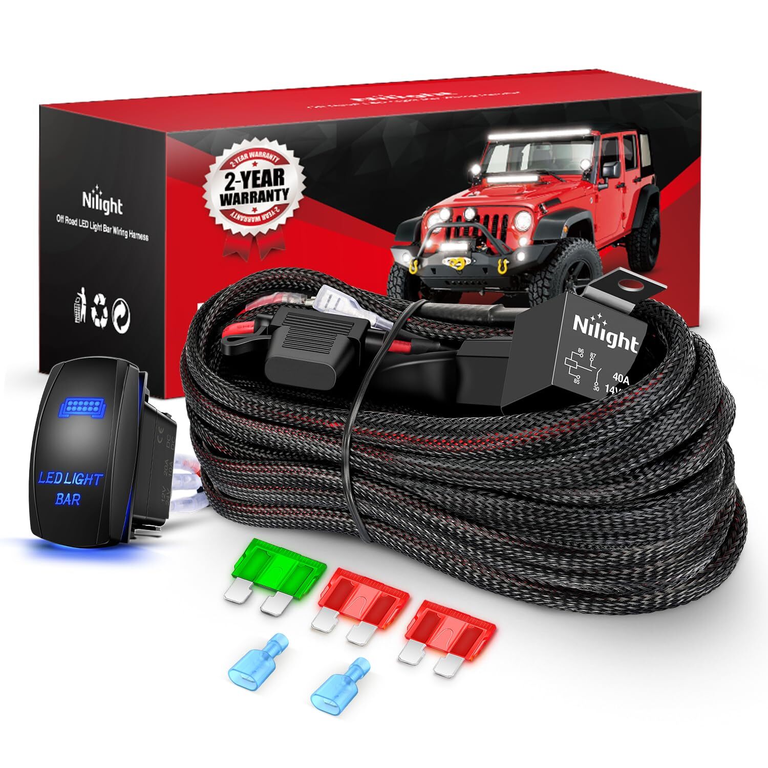 Nilight Wiring Harness 12 AWG 1 Lead 12V 5Pin Rocker Switch for LED Light Bar