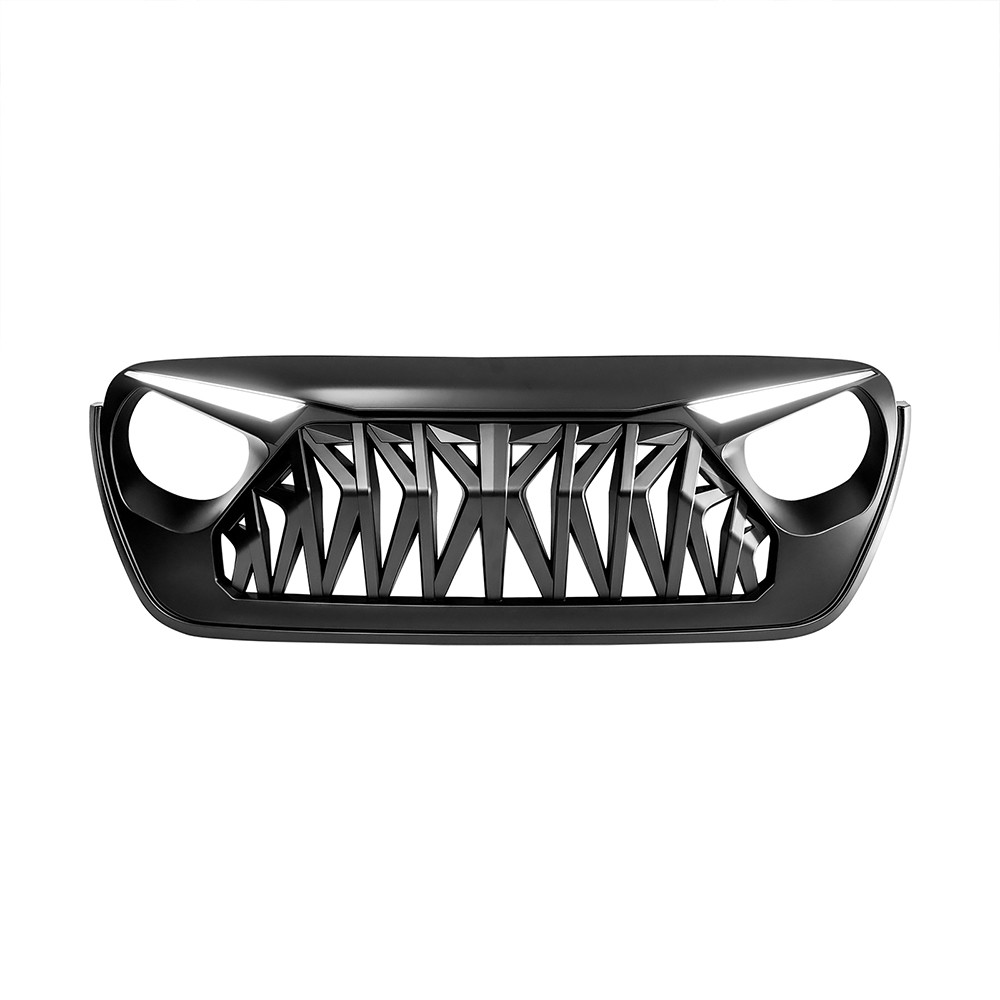 Matte Black Front Shark Grille w/Eyebrow DRL for 18-23 Jeep Wrangler JL JT