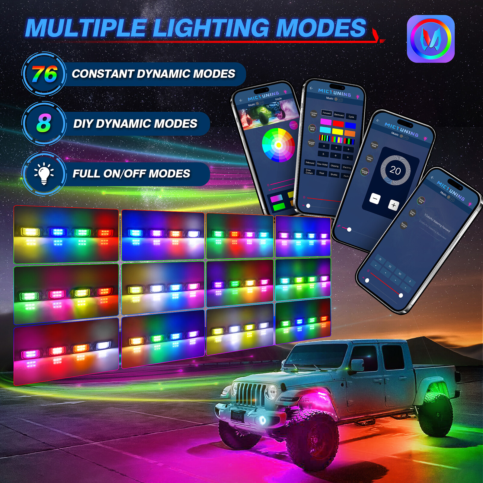 MICTUNING C2 RGB+IC Dream Color LED Rock Lights Kit, 8-24 Pods Underglow Lights