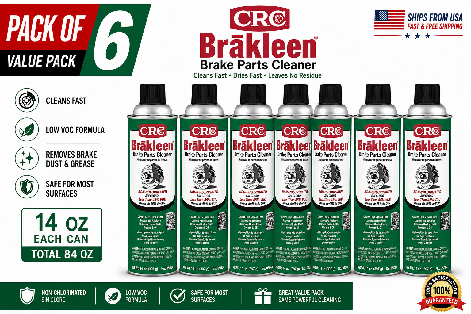 6 Pack CRC Brakleen Brake Parts Cleaner Non Chlorinated 14oz Low VOC 05084
