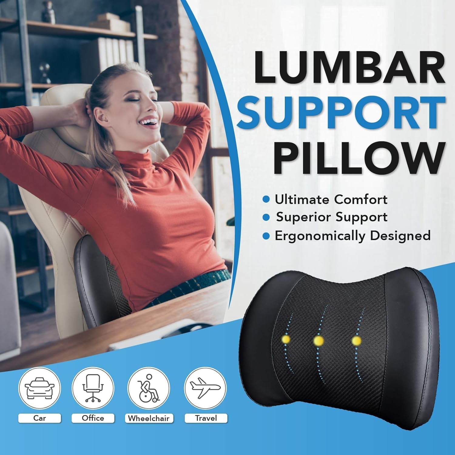 Car lumbar support pillow, memory foam lumbar cushion for back pain relief