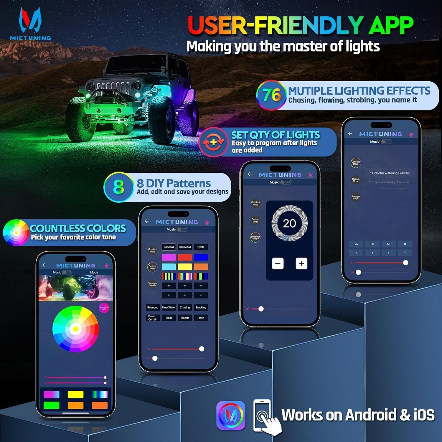 Complete MICTUNING 10-Pod Rock Light Kit Multi-Color App Control for Underglow