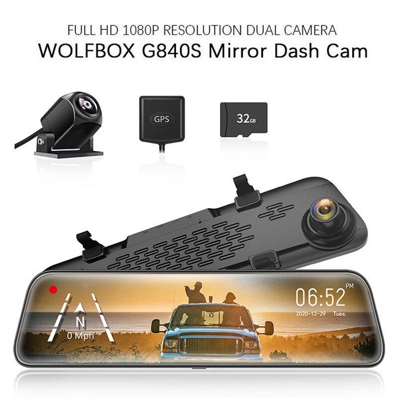 WOLFBOX 1080P Mirror Dash Camera Front and Rear View Dash Cam Free 32G SD