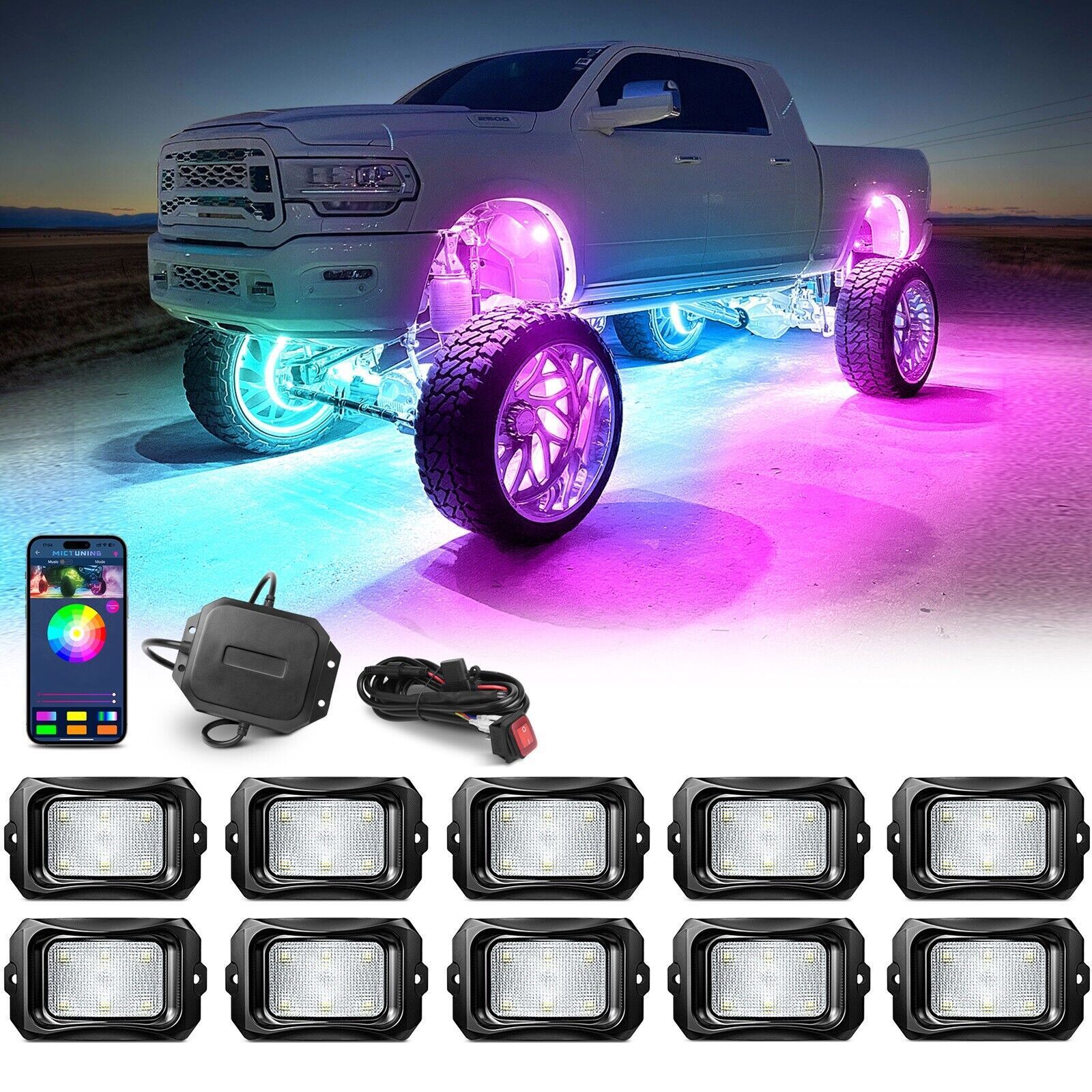 Complete MICTUNING 10-Pod Rock Light Kit Multi-Color App Control for Underglow