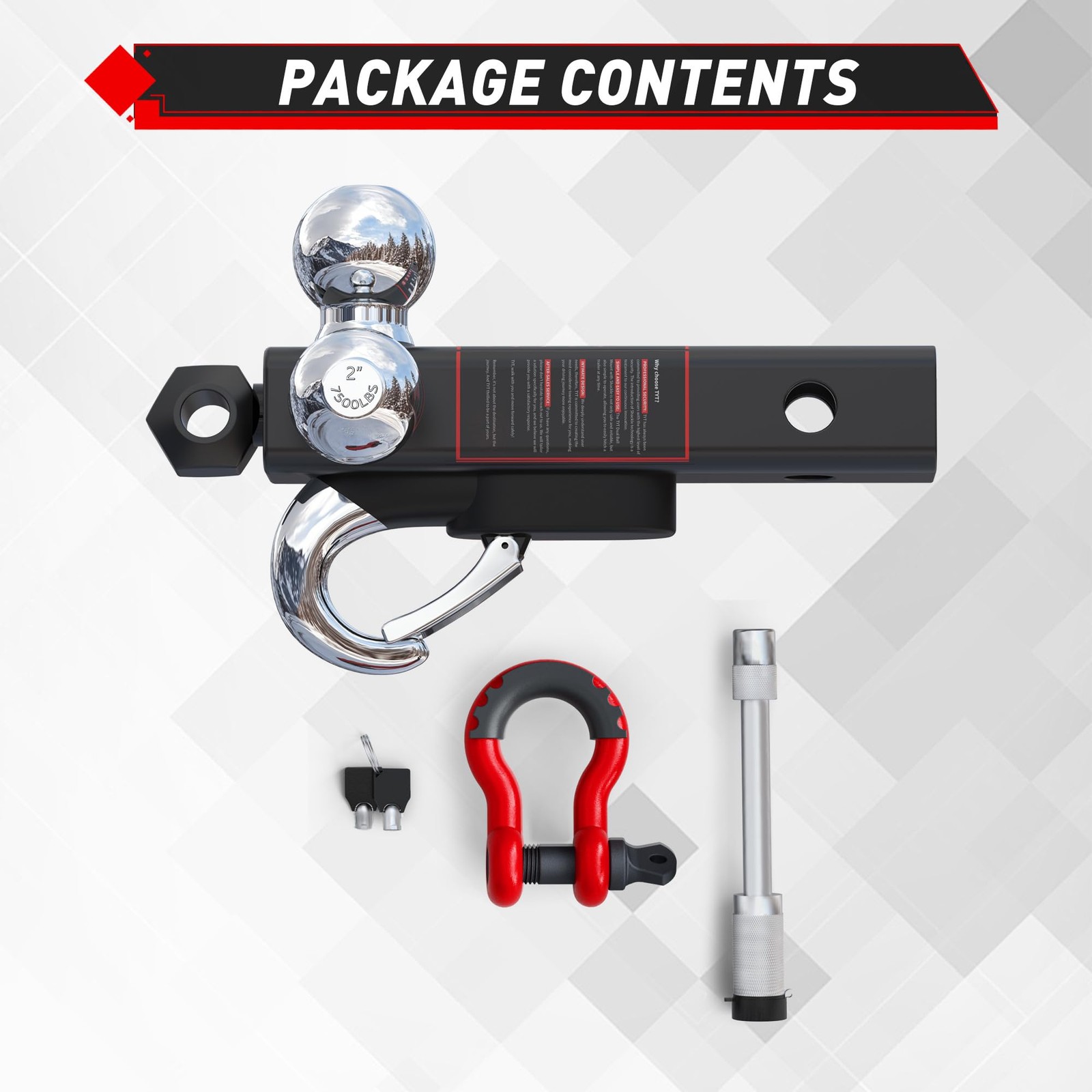 Tri Ball Hitch Trailer Mount w/ Lock, Tow Hook & Clevis Shackle Fits 2″ Receiver